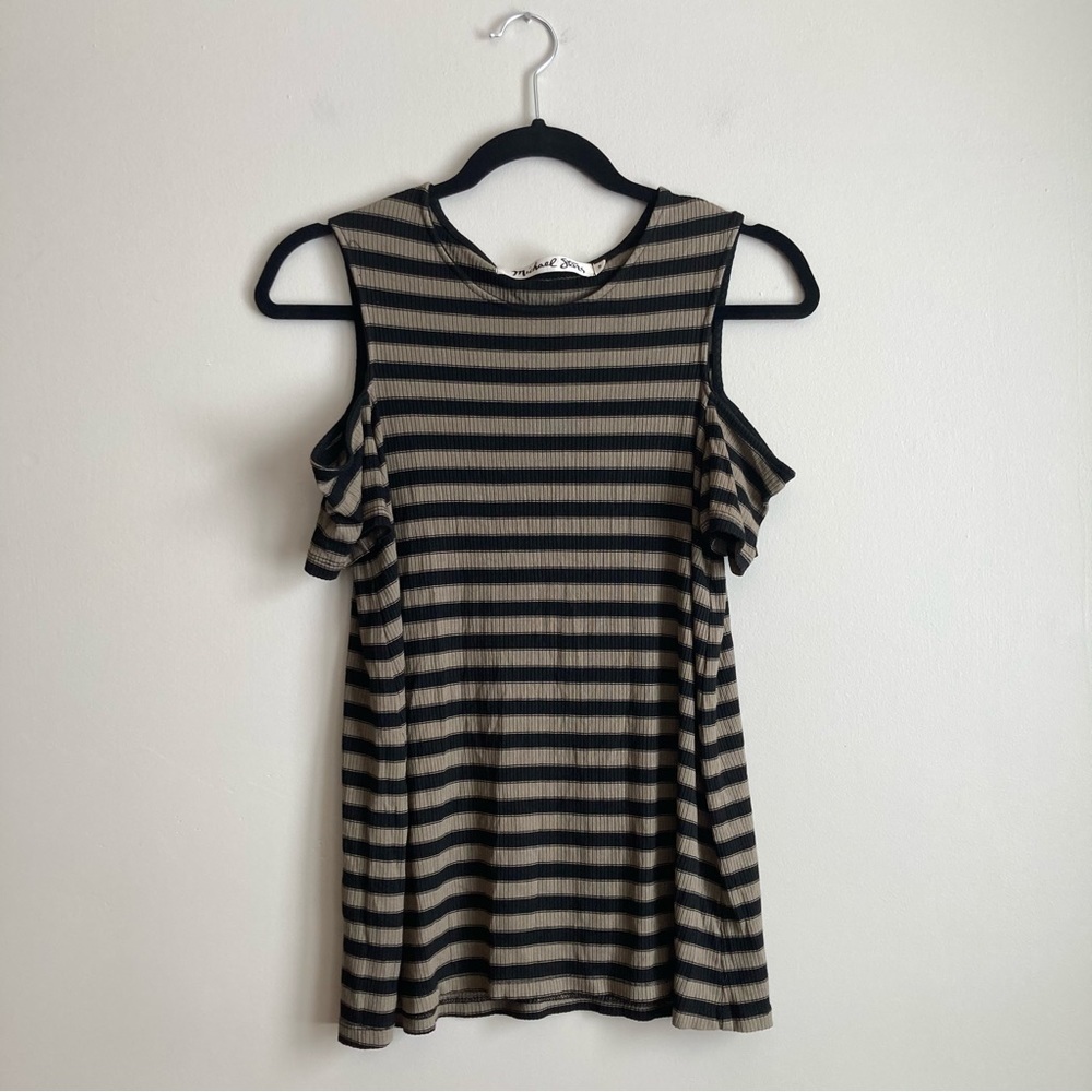 Michael Stars Black and Brown Striped Cold Shoulder Short Sleeve Top S